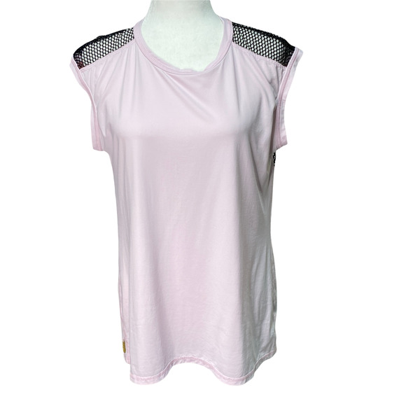 ALALA | sz L Women's Light Pink/Black Mesh Back Sheer Lightweight Active Tee - Picture 3 of 8